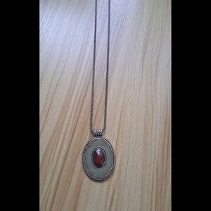 Chic Silver Necklace with Red Gemstone Pendant